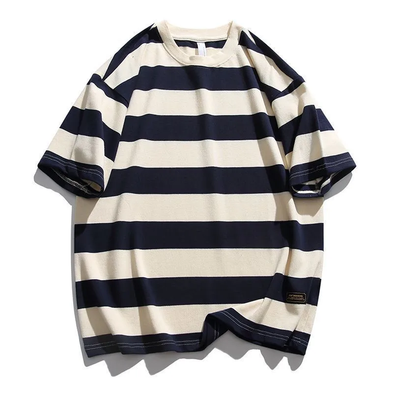 New Loose Contrast Color Short Sleeve Main Striped T-shirts Summer Oversized T-Shirt Japan Hip Hop Loose Half Sleeve T Shirts