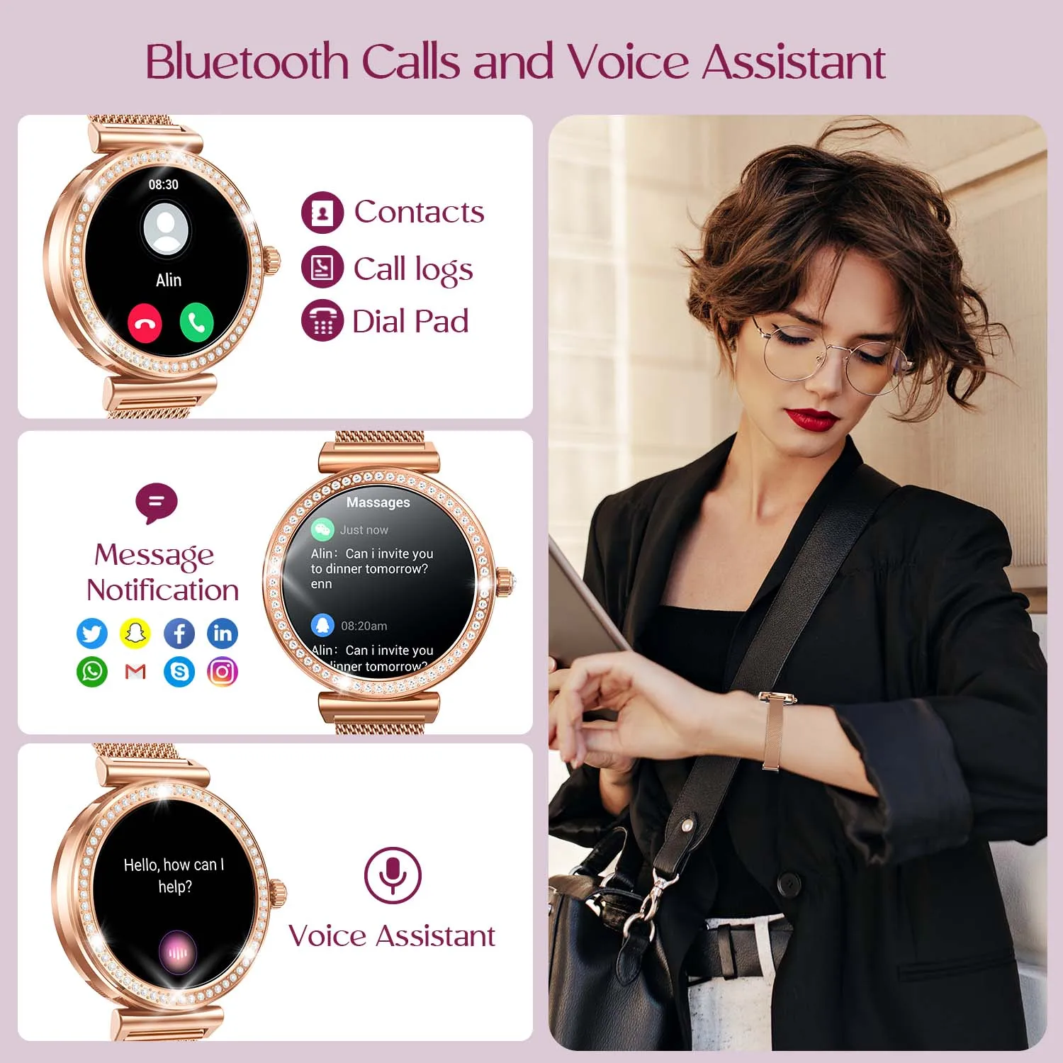 Reloj inteligente premium de moda para mujer, reloj deportivo para hacer/reparar llamadas, notificación de mensajes, Compatible con teléfonos iPhone/Android