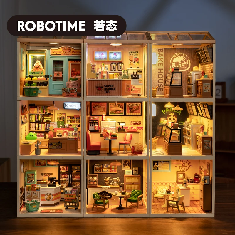 Robotime Rolife 슈퍼 크리에이터 시리즈 플라스틱 인형의 집 빌딩 블록, 어린이용 얌 버거, 여유로운 응원 바, 달콤한 차 한잔 