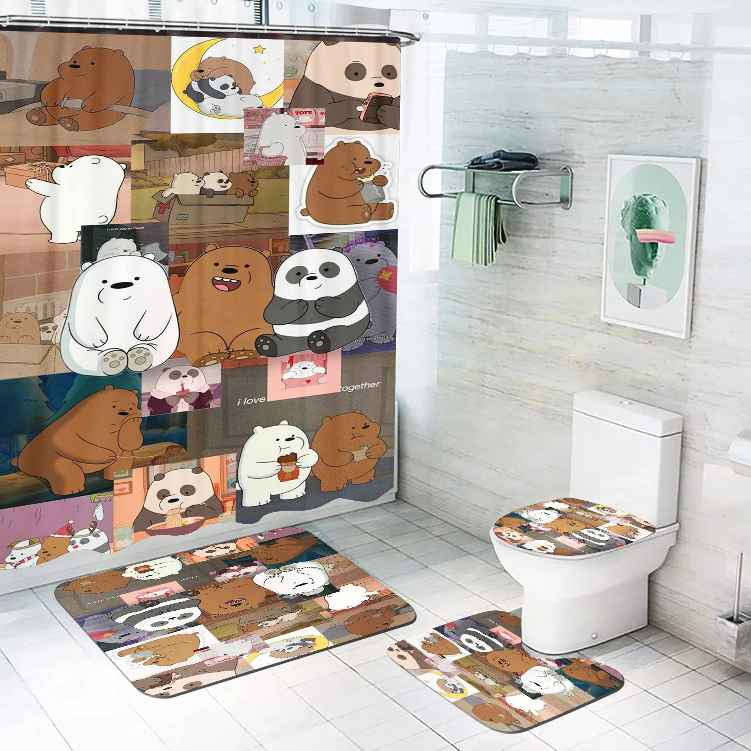 MINISO-Naked Bear Shower Bath Animal Mats, Kawaii Bathroom Cartoon, Great Gift for Kids, Cute Polyester Curtain, 4 Piece Curtain