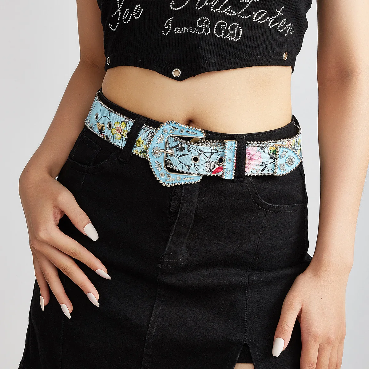Flower diamond pin buckle belt women's retro decorative skirt with suit personalized rhinestone belt decoration Fashion
