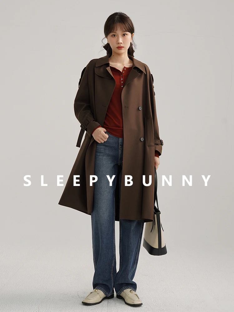 

Brown Long Trench Coat for Women Loose Fit Double Breasted Overcoat Autumn British Style Casual Outerwear in Cocoa Coffee Tone