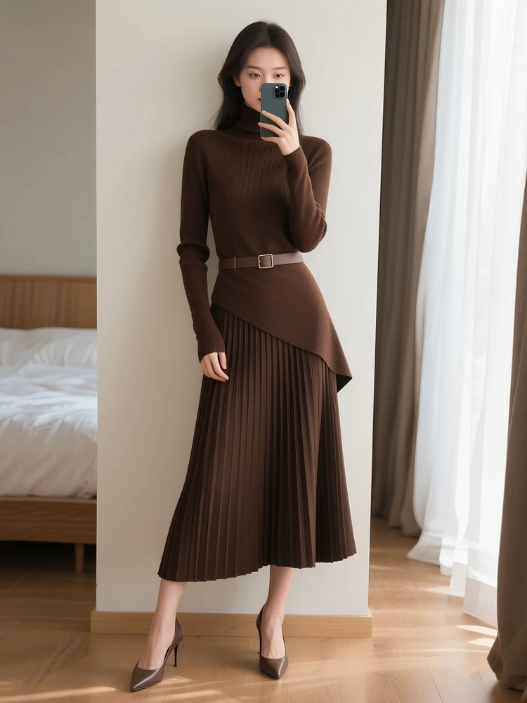 

Ele Autumn Winter New Faion Retro Women's Two-Piece Set f-Skirt Inner Wear Sli Commuting High Waist A-Line Skirt