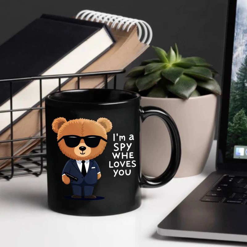 Ceramic mug, black bear spy, wearing sunglasses and a suit, I am a spy who loves you, print, suitable for coffee and tea gifts,