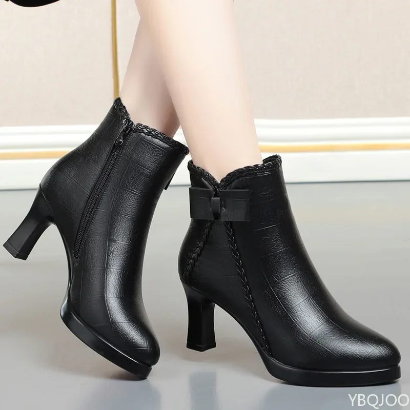 

Small Size Spring and Autumn Fashion New High Heels Women's Boots with Bow Pointed Tip Thin Heel Zipper Fashion Women's Boots