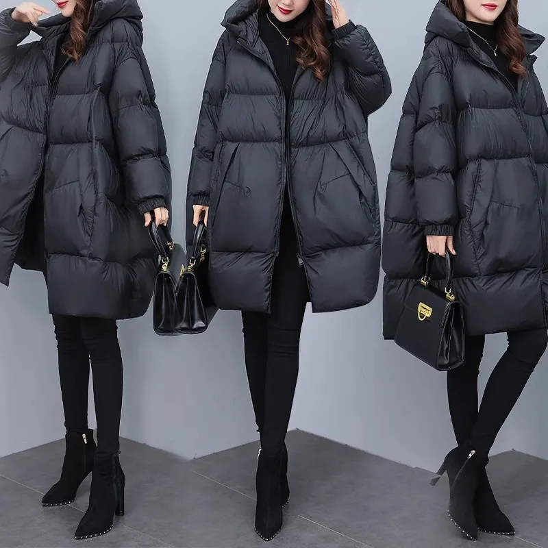 Black Oversized Hooded Down Jacket 2024 New Winter Women\'s Loose 90%White duck down Thicken Coat Female Warm Parka Overcoat