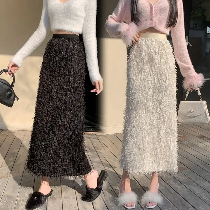 

Fall/winter Tassel Skirt Retro Women's Solid Color Straight Long Skirt in 2025