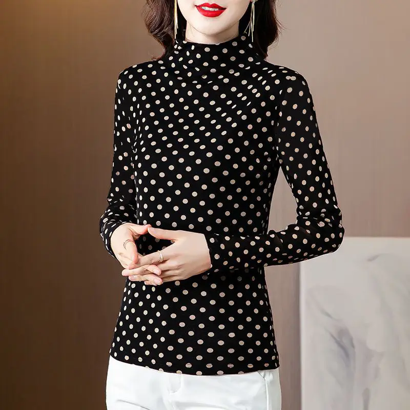 Autumn Winter Women Clothes Half High Collar Polka Dot Print Basic Tops Female Fashion Thick Velvet Elegant Long Sleeve T-shirt