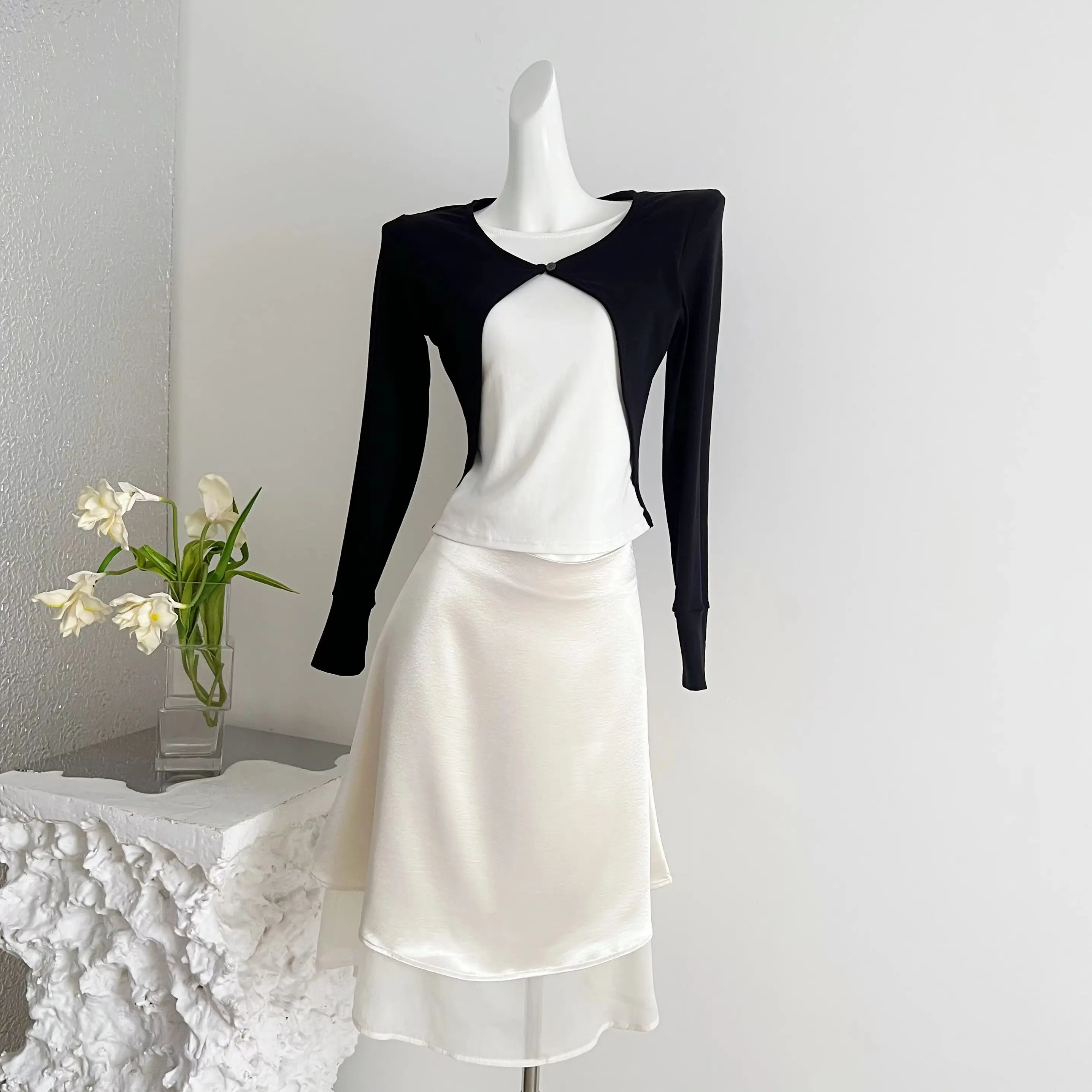 Fashion Women Two-piece Skirts Sets Elegant Long Sleeve Fake Two-piece Tops & High Waist Zipper Mermaid Skirt Office Ladies Suit