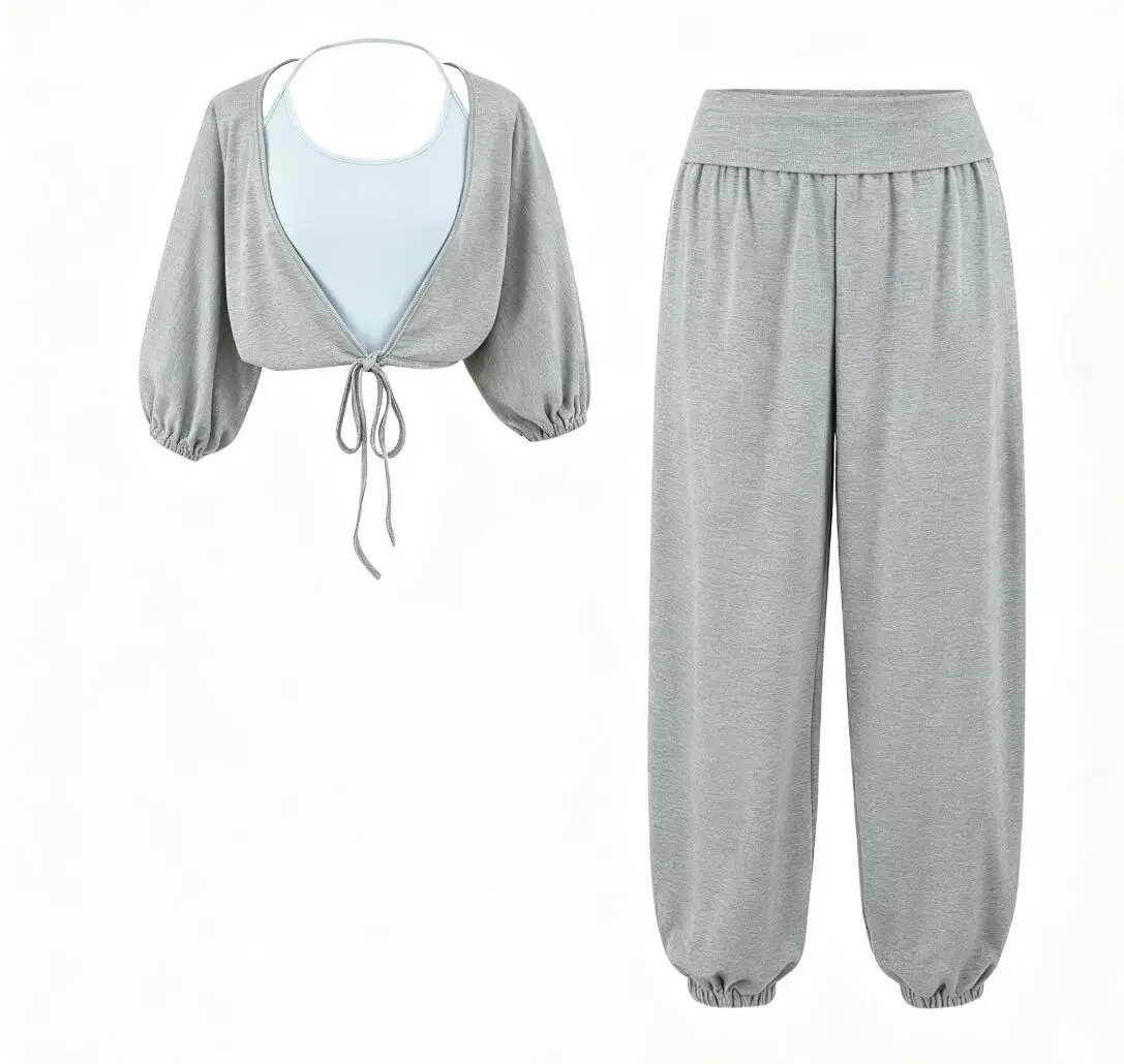 3pcs 1 Set Autumn Contrast Color Halter Camis Lacing Up Bow Front Bat Sleeve Cardigan Tee Elastic Waist Sweats Pants Suits