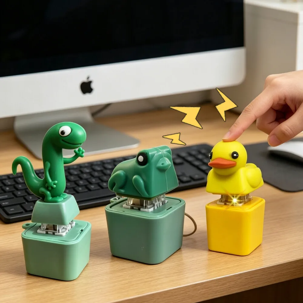 Small Yellow Duck and Frog Keychain, Duck Frog Clicker with LED Light, Adult Stress Relieving and Anxiety Sensing Toy