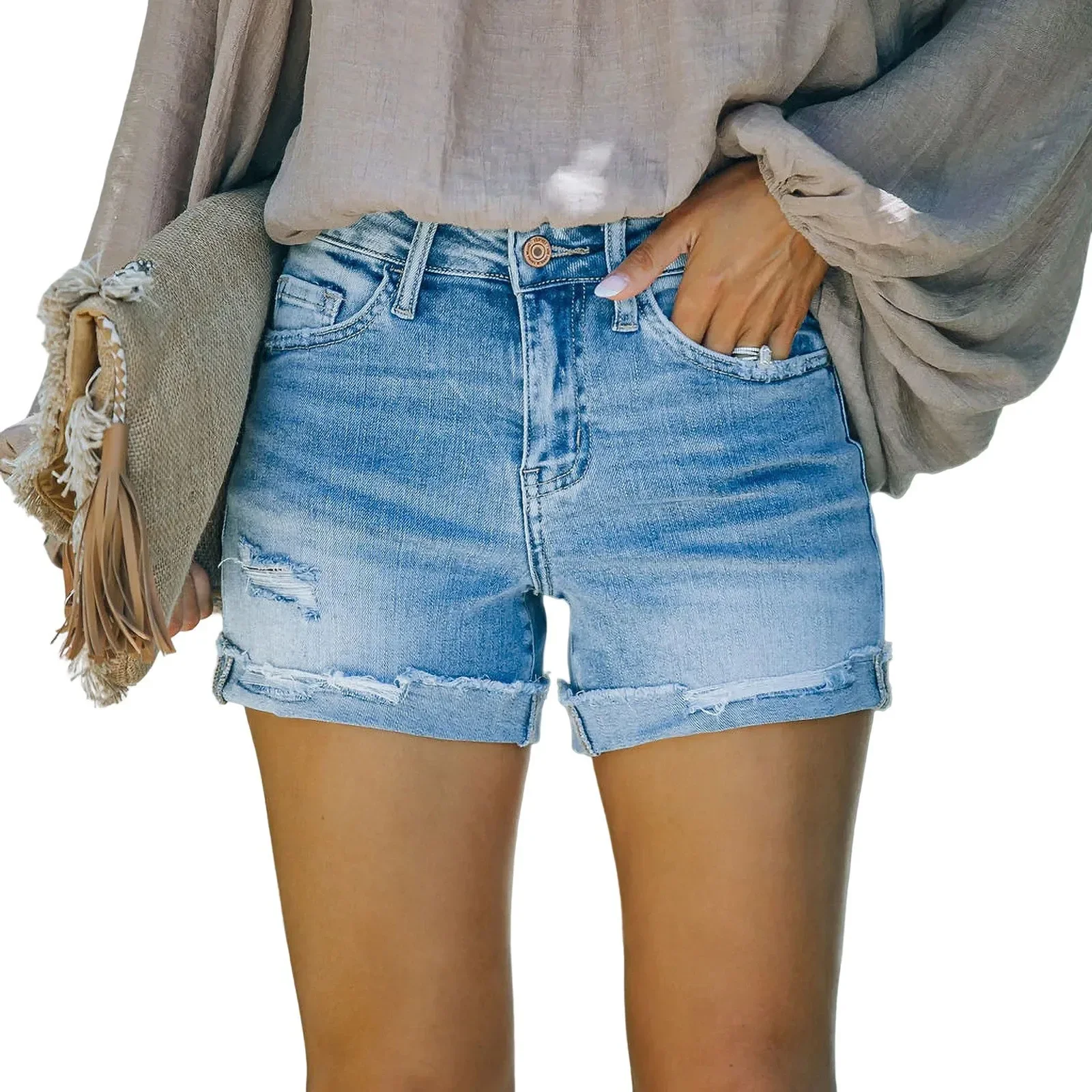 2025 여성용 스트릿웨어 찢어진 청바지 스트레치 하이웨이스트 워싱 디스트레스드 스트레이트 데님 빈티지 숏팬츠