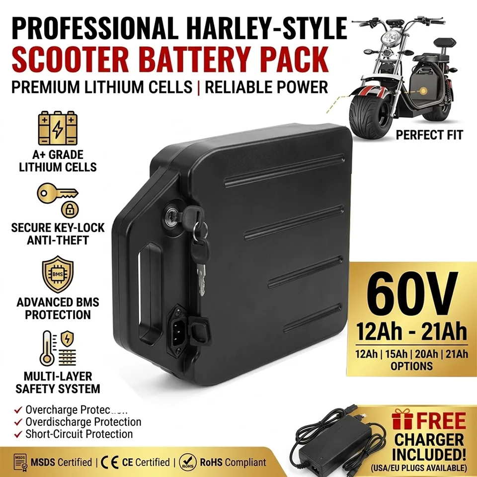 Citycoco 60V 12Ah/15Ah/18Ah/21Ah Lithium Ion Battery Pack Smart BMS for Harley Electric Motorcycle Replacement + 67.2V Charger