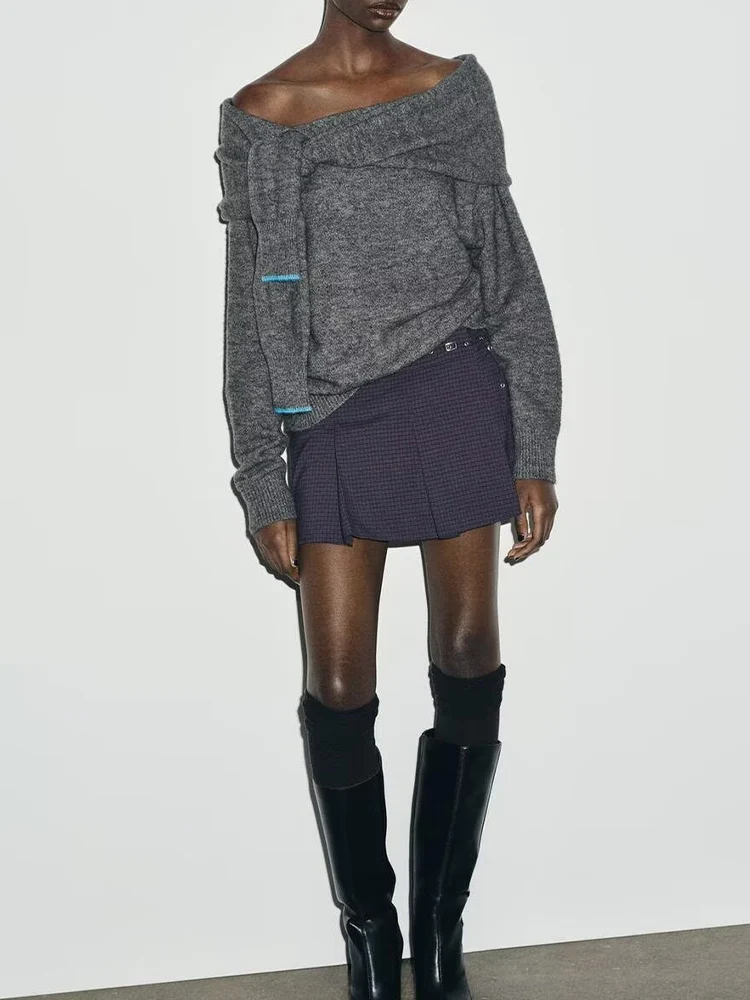 

European and American style 2025 autumn new products women's clothing design sense versatile fashion off-the-shoulder sweater