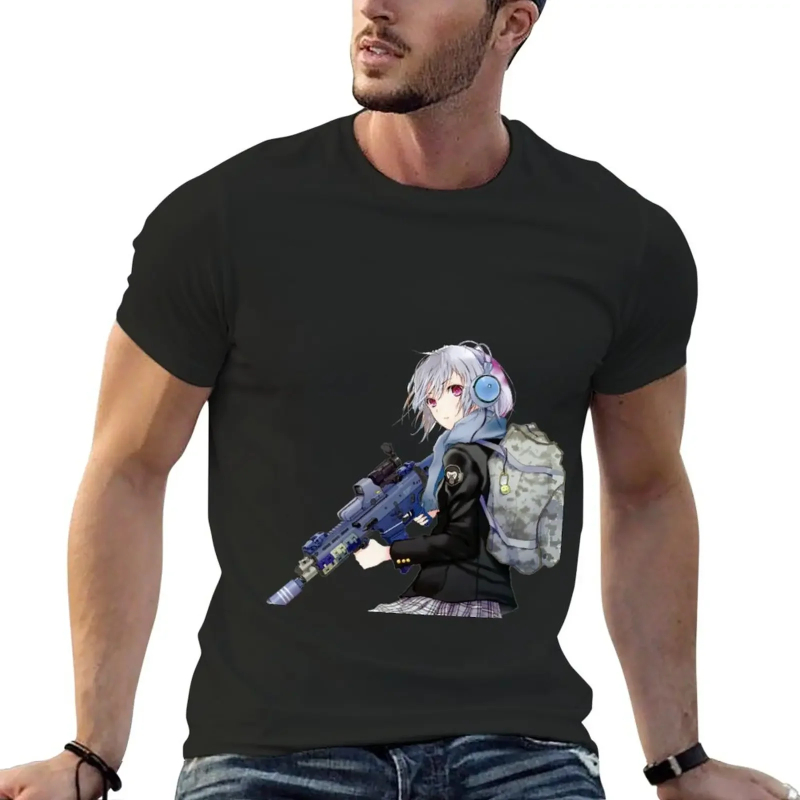 Unisex - Anime girl with gun T-Shirt shirts graphic tee aesthetic clothes mens plain t shirts