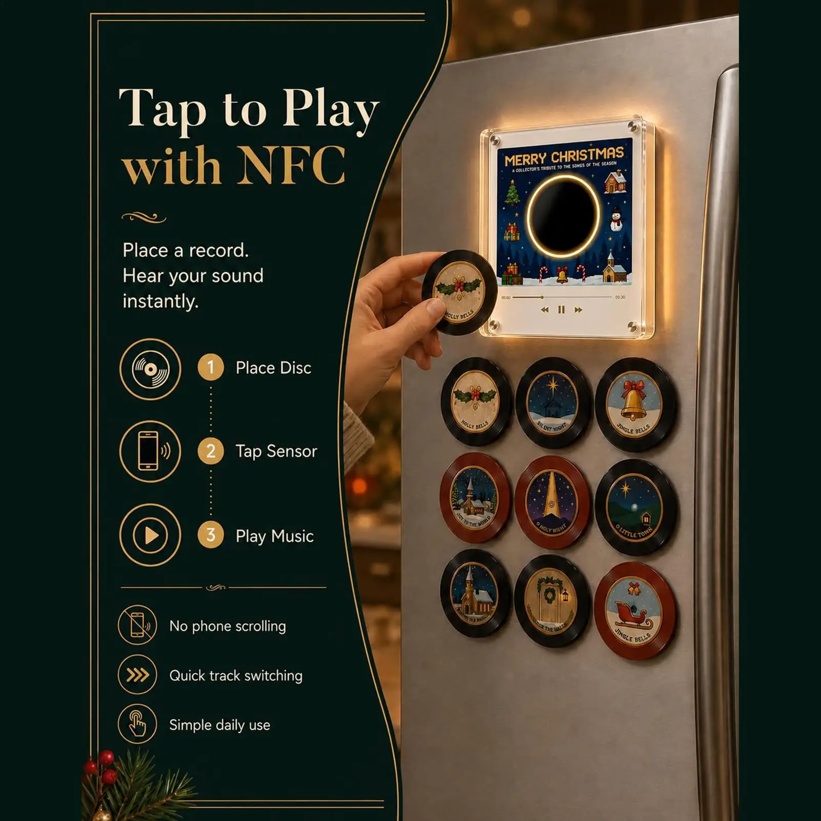 Christmas Vinyl Player Fridge Record NFCMagnetic Music Box Set With 9 Vinyl Style Discs Suitable For Christmas Decor Gifting