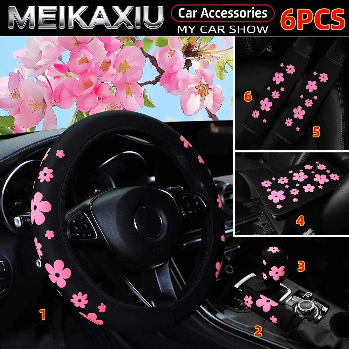 6 Stück Schaumstoffblumen 3D Stoff Auto Lenkradbezug Schulterpolster Handbremsenabdeckung Schalthebelabdeckung Armlehnenpolster für Damen