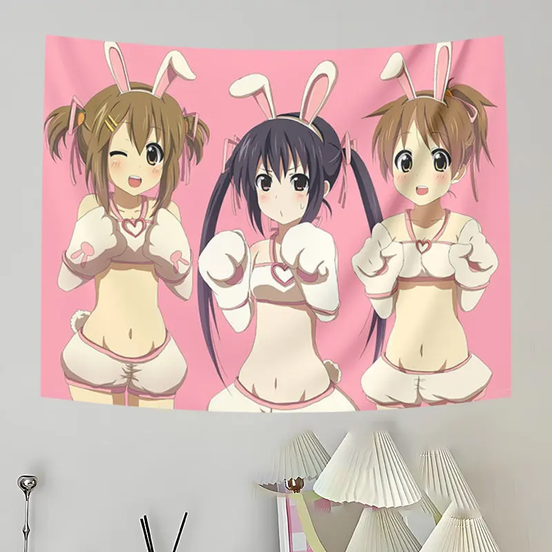 VIKAMA K-ON! Anime Girls Tapestry Pink Bunny Ear Boxing Wall Hanging for Otaku Bedroom