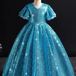 2024 Petal Sleeves Sequin Girl Dress Luxury Princess Long Dress Youth V-neck Ball Gown Evening Party Formal Children Clothing