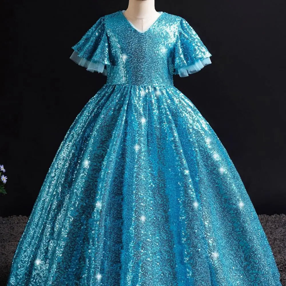 2024 Petal Sleeves Sequin Girl Dress Luxury Princess Long Dress Youth V-neck Ball Gown Evening Party Formal Children Clothing