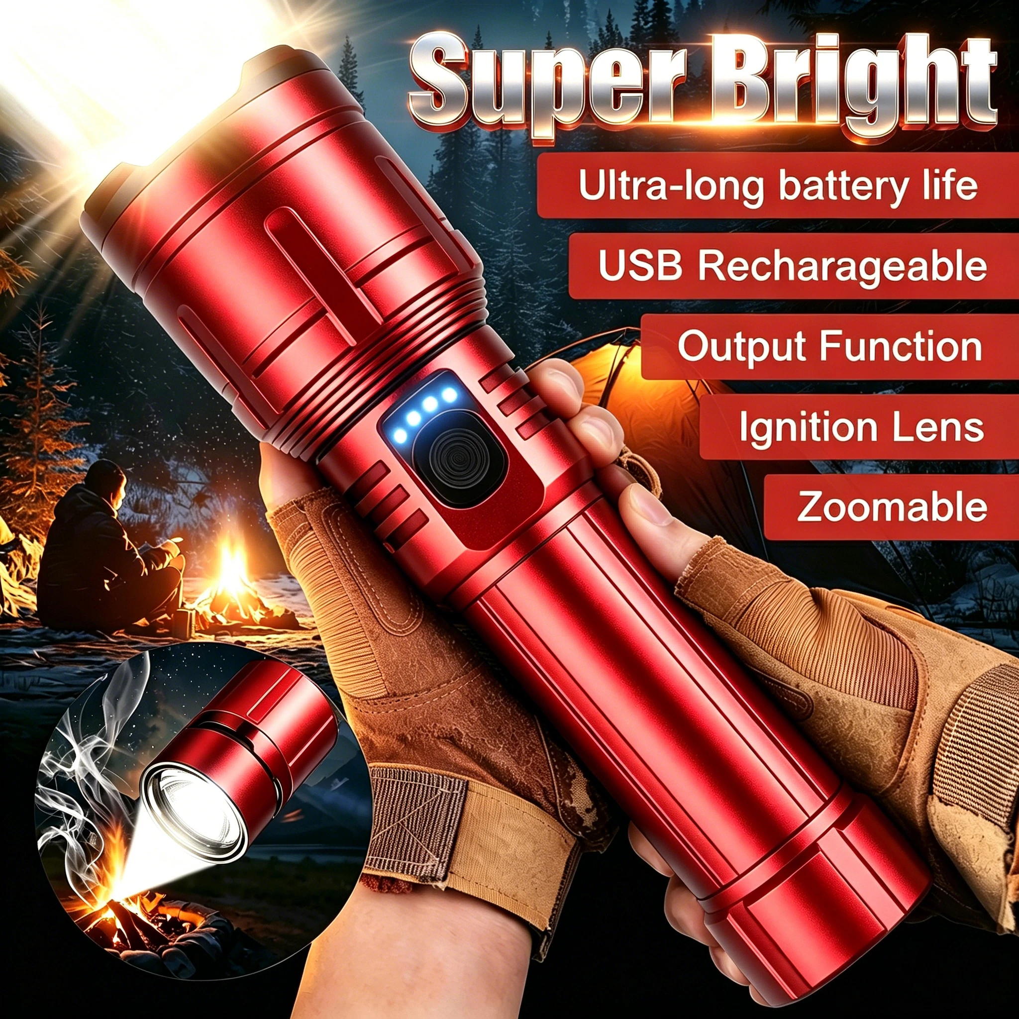

Rechargeable 3-in-1 Flashlight, Lighter & Power Bank, Zoomable Super Bright 5 Modes,Waterproof for Camping Outdoor Emergency