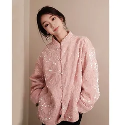 Chinese Vintage Sequin Velvet Jacket Autumn Winter New Elegant Embroidery Women's Stand Collar Single Breasted Outerwear