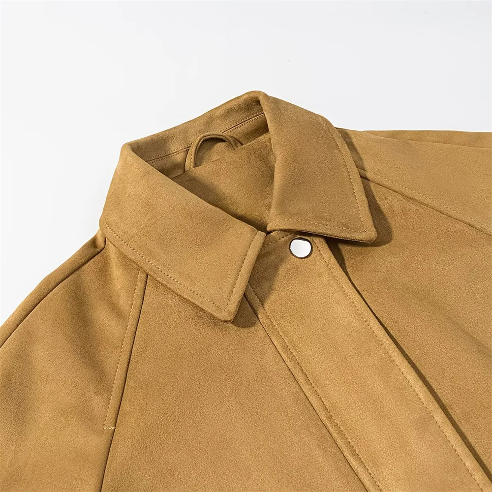 Otoño e Invierno nueva chaqueta de piloto de gamuza de manga larga con cuello decorativo y bolsillo lateral versátil informal para mujer