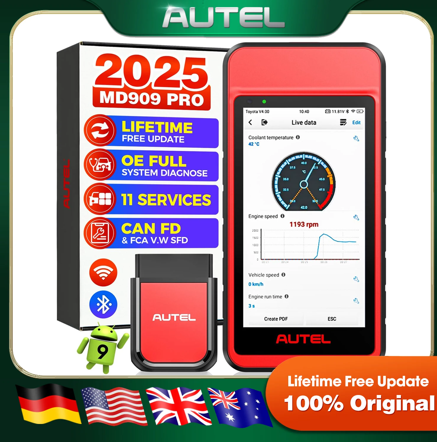 

Autel MaxiDiag MD909 PRO Сканер Bluetooth Все системы диагностического сканирования Lite of MaxiCOM MK808S MX808S CAN FD 11, горячее обслуживание