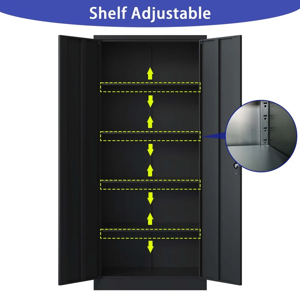 Metal Storage Cabinet With 2 Doors 4 Adjustable Shelves Locks 2 Keys 72