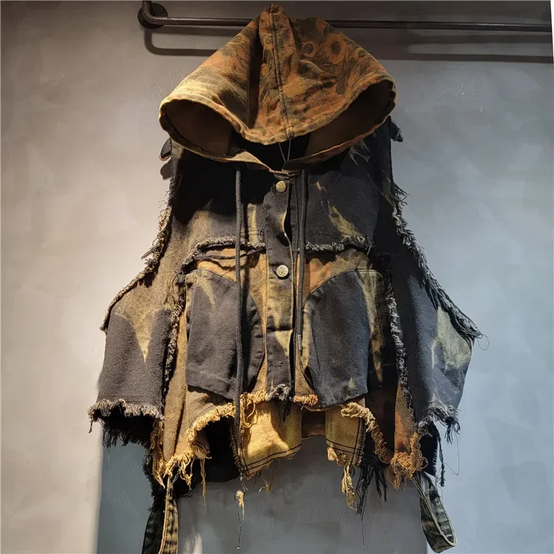 

New women's personality trendy cool old print splicing denim hooded vest Harlan pants two-piece fashion suit