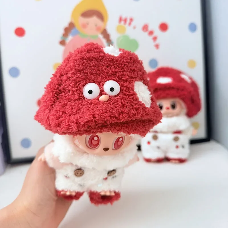 

Suitable for 15/17cm labubu doll clothes big eye mushroom suspenders doll idol mini cute plush clothes sitting party accessories