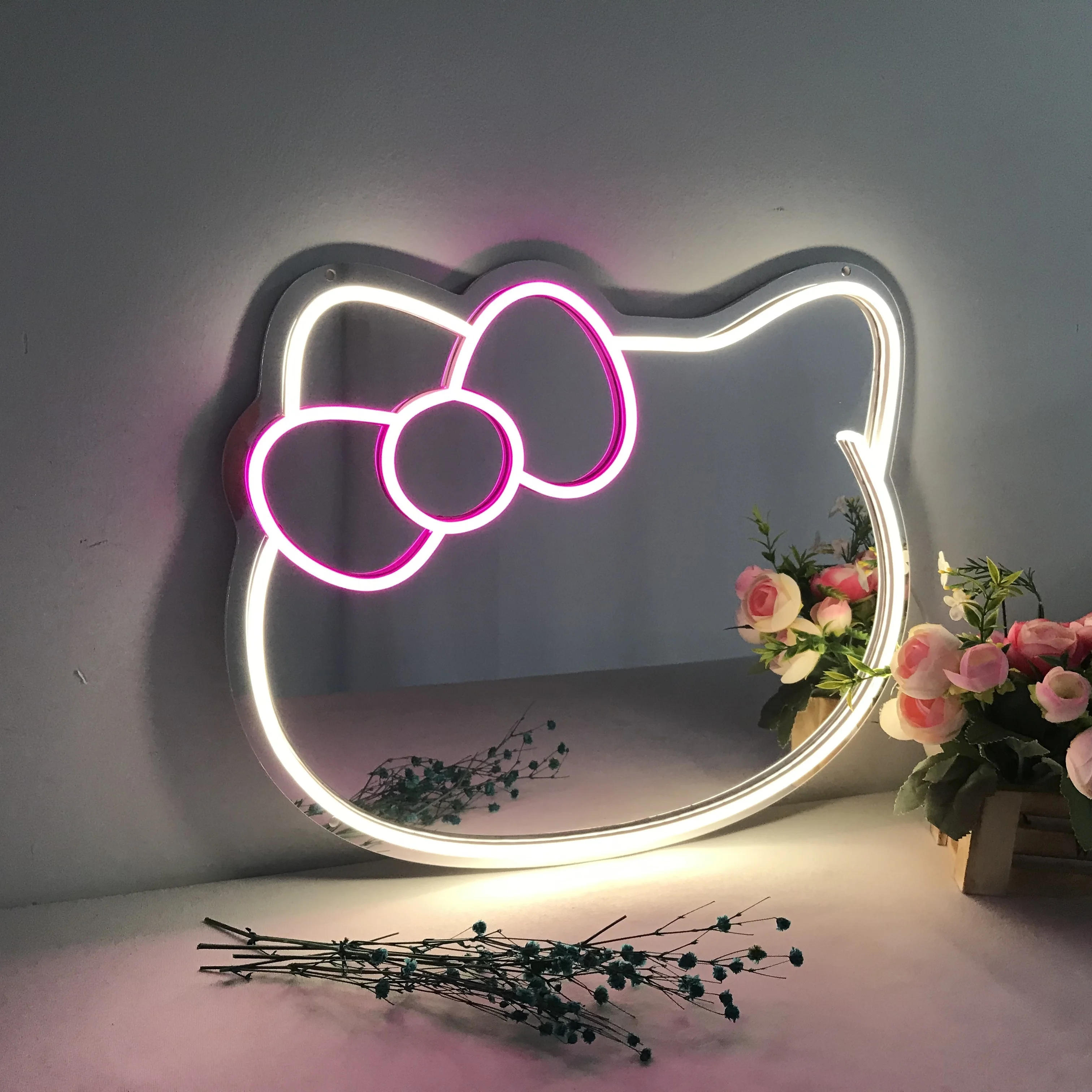 Dimmable LED Cat Mirror Neon Sign for Bedroom Dressing Room Living Room Hallway Illuminated Wall Mirror with Adjustable Light