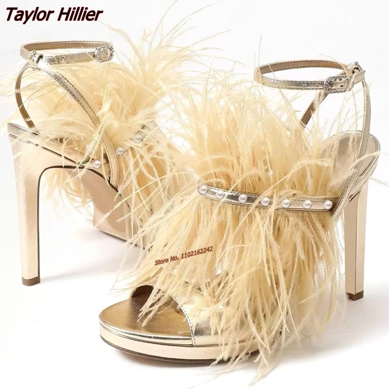 Summer New Gold Feather Pearl Water Table Sandals Round Toe Stiletto Buckle Strap High Heels Fashion Banquet Dress Women'S Shoes