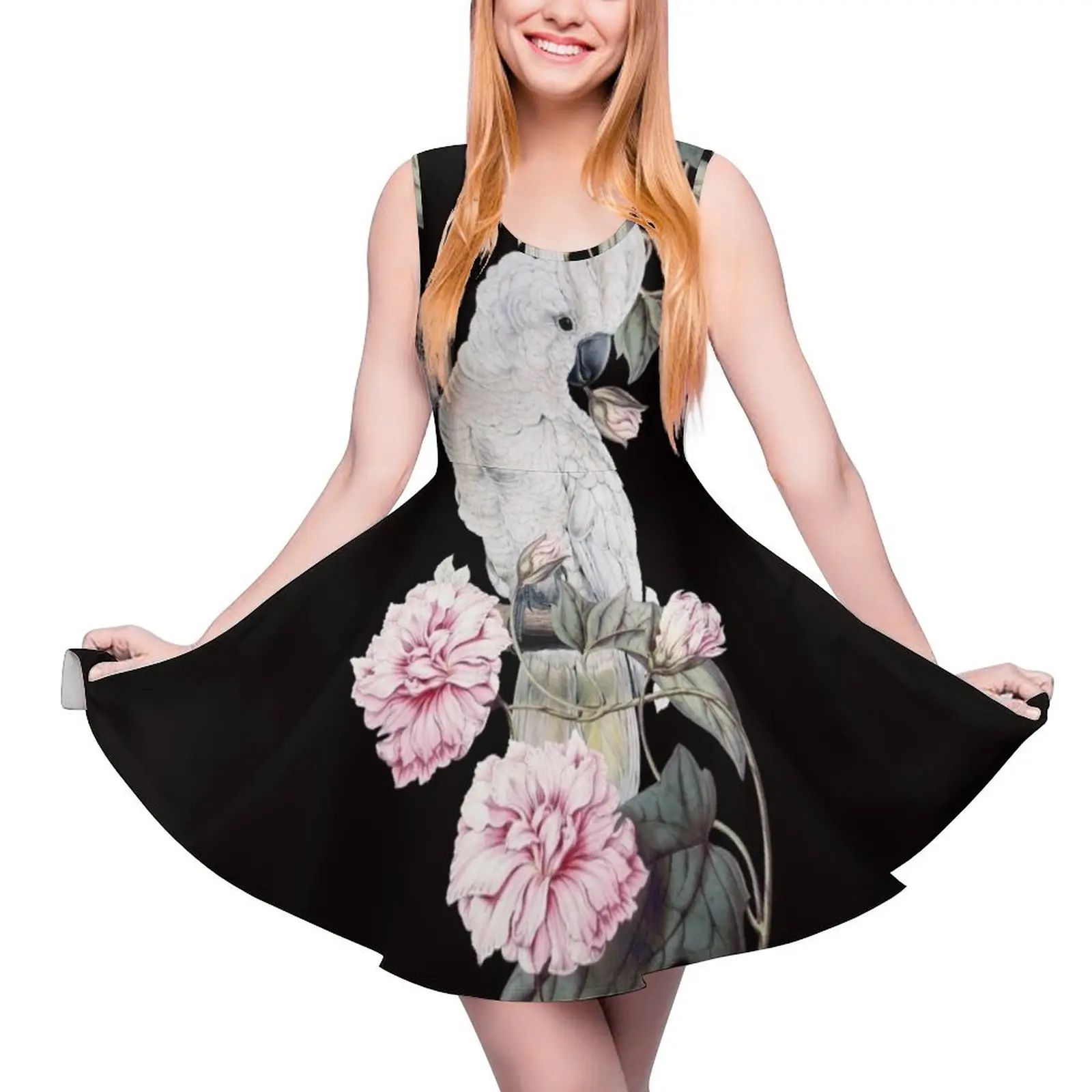 Nostalgic white cockatoo in flowering branch Botanical Night Garden Sleeveless Dress party dresses women