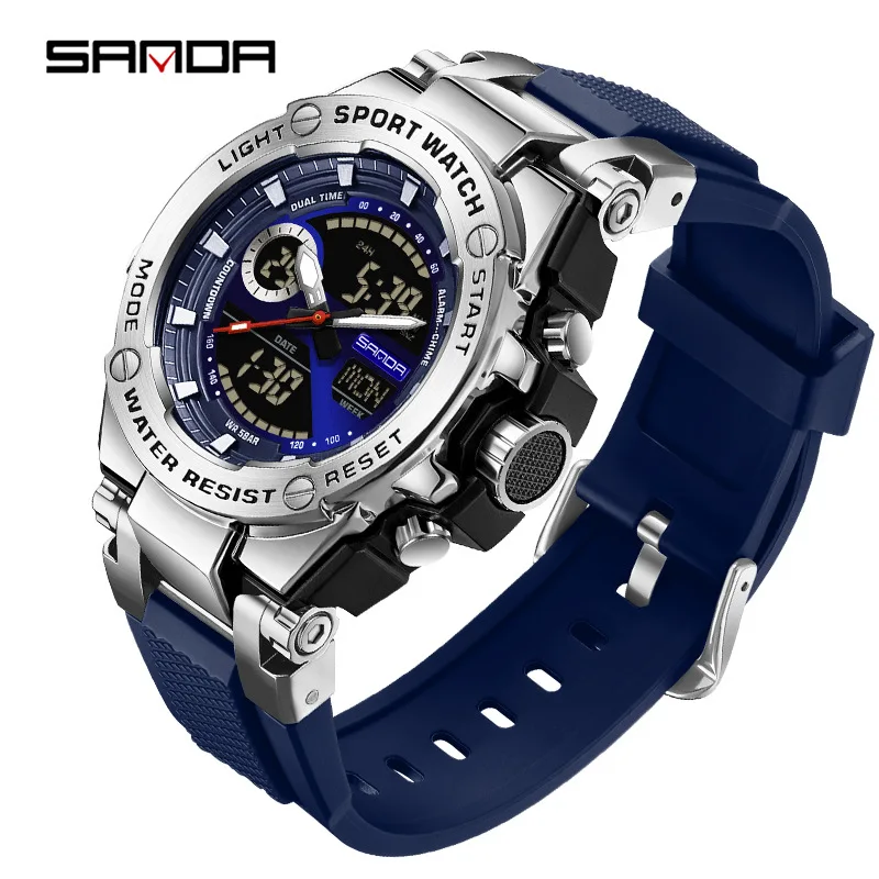 SANDA Top Brand Men Junior High School Student Silicon Military Sports Cool Fashion Multifunctional Electronic Quartz Watch Mens