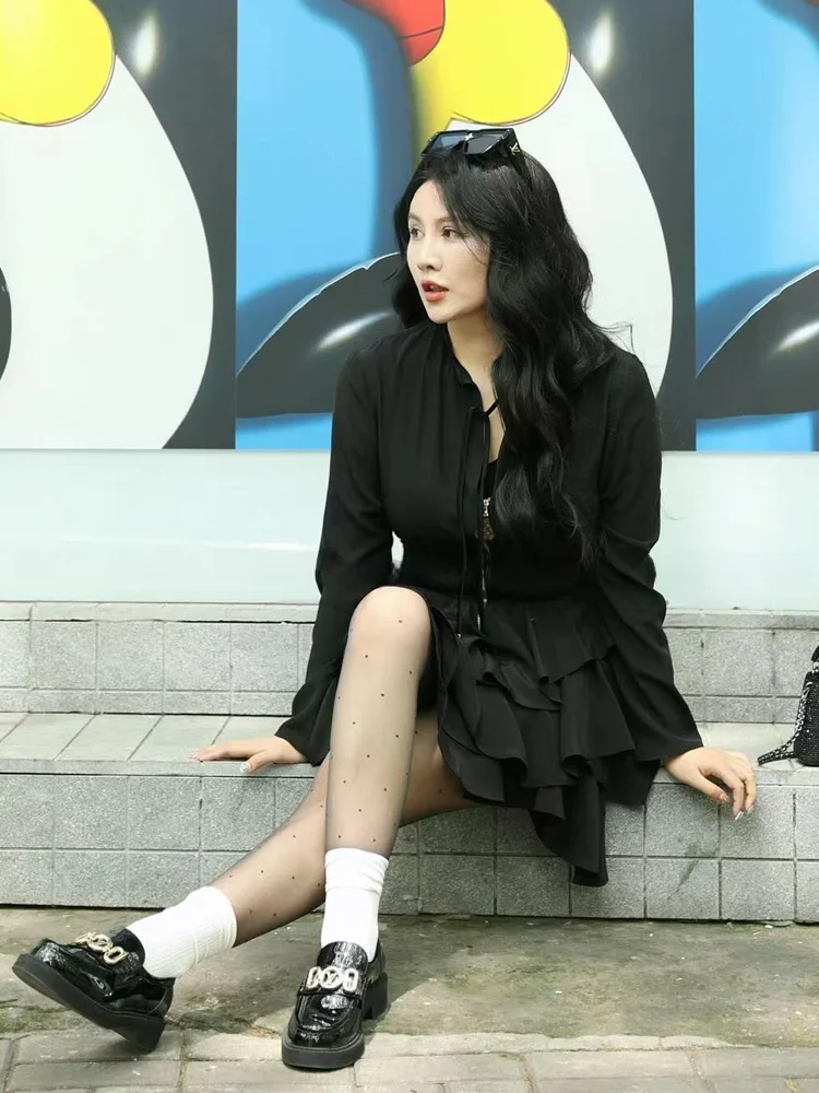 Vestido E Estilo Hepburn com Saia em Camadas, Cintura Alta, Manga Longa, Crimento Curto, Decote Redondo, Silhueta em A