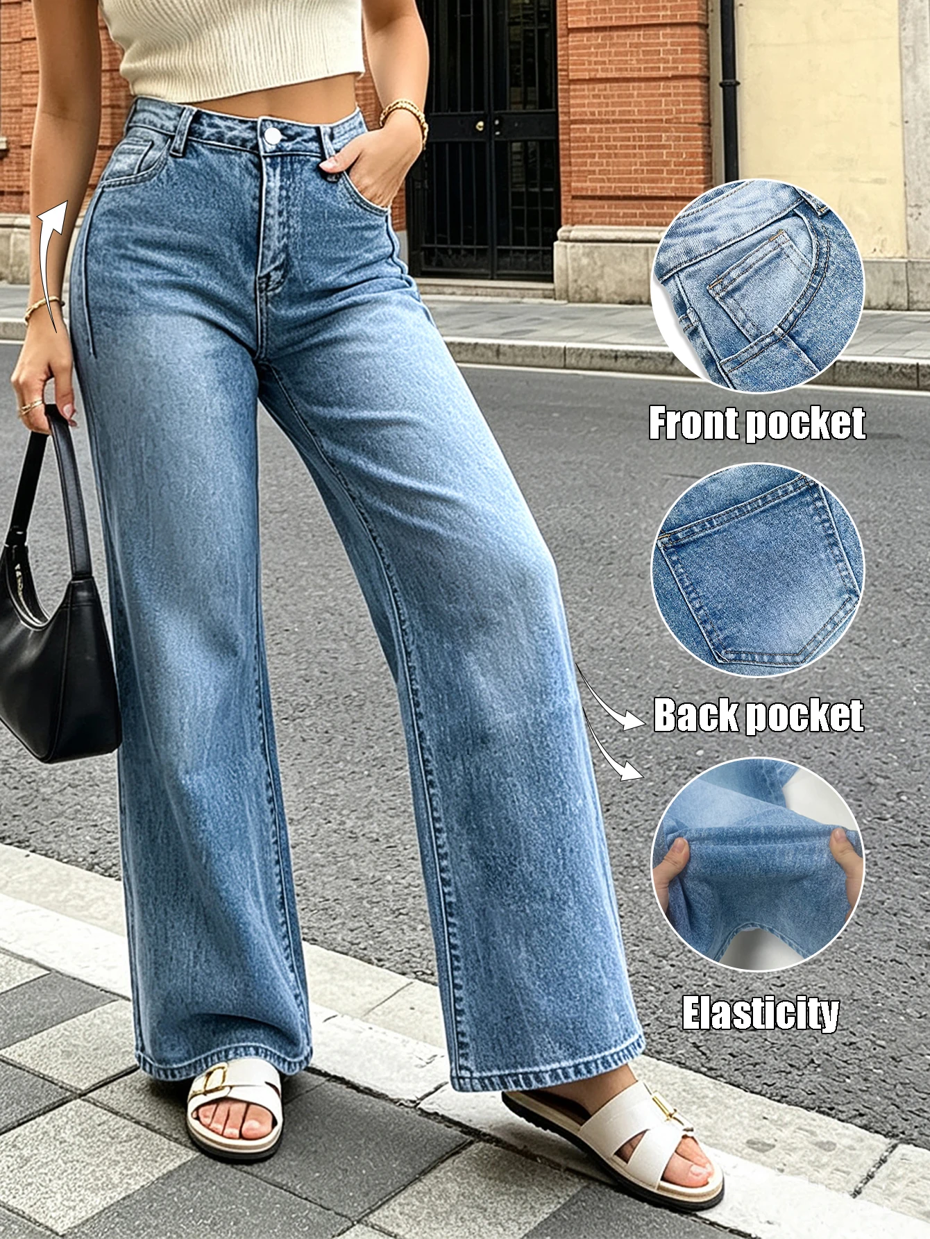 Women's Four-Way Stretch Light Blue Wide-Leg Jeans for Women, Retro Washed Soft Denim Fabric, Versatile for Everyday Use