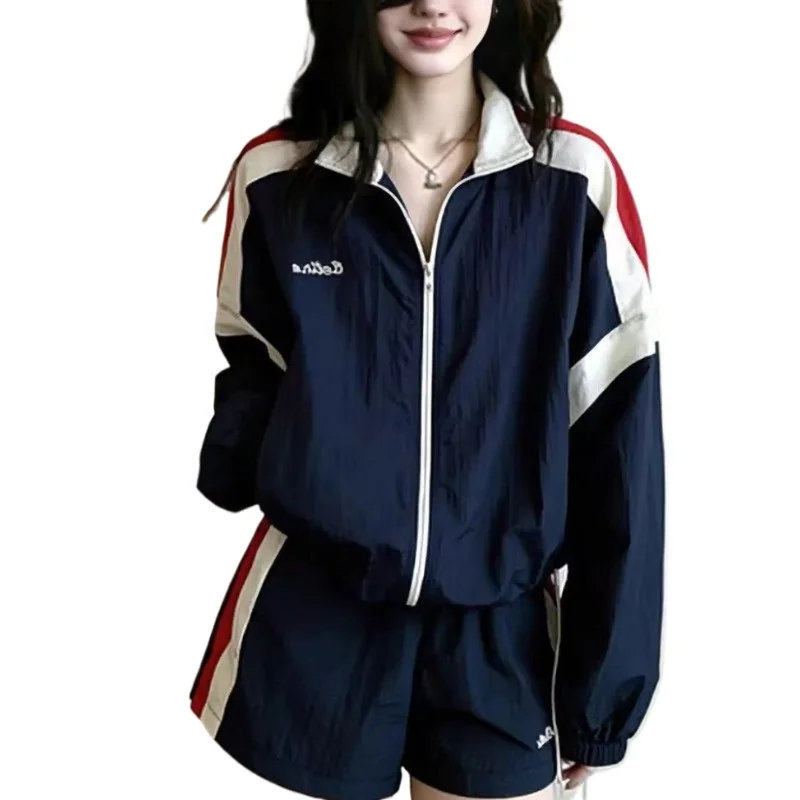 Early Autumn Contrasting Color Lace Edge Sports Suit Women's Lace-up Jacket Casual Shorts Two-piece Set Casual Trendy Exquisite