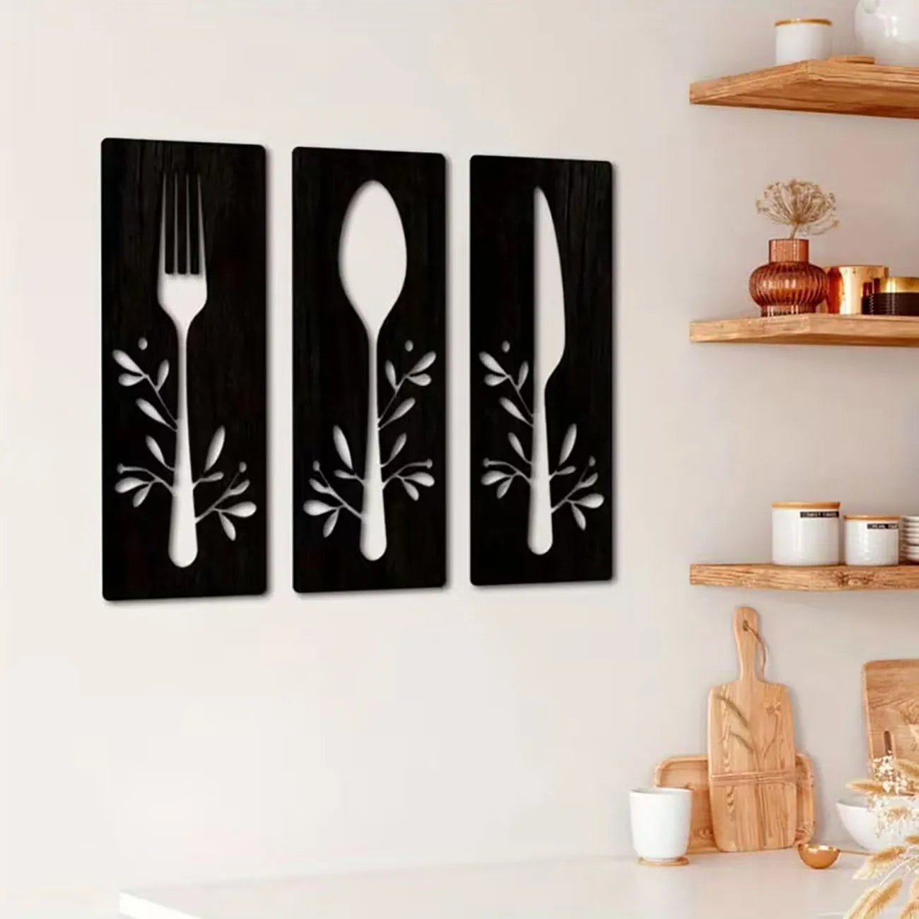 3pcs floral fork spoon knife wooden wall decor. Nano tape included, no drilling needed for kitchen and dining room decoration.