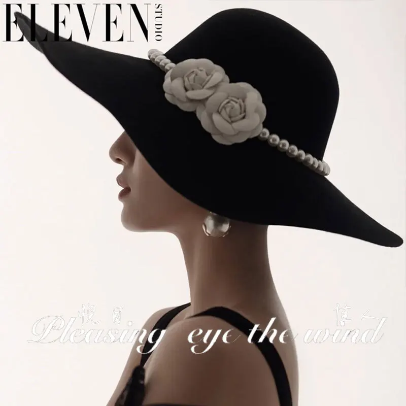 

2023 New Bride Hat French Black Big brim Top Hat Elegant Retro Hepburn English Pearl Big brim Hat