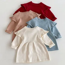 2024 New Autumn Children Knitted Clothes 1-6Yrs Girl Long Sleeved Solid Color Knitting Party Dress Kids Princess Dresses