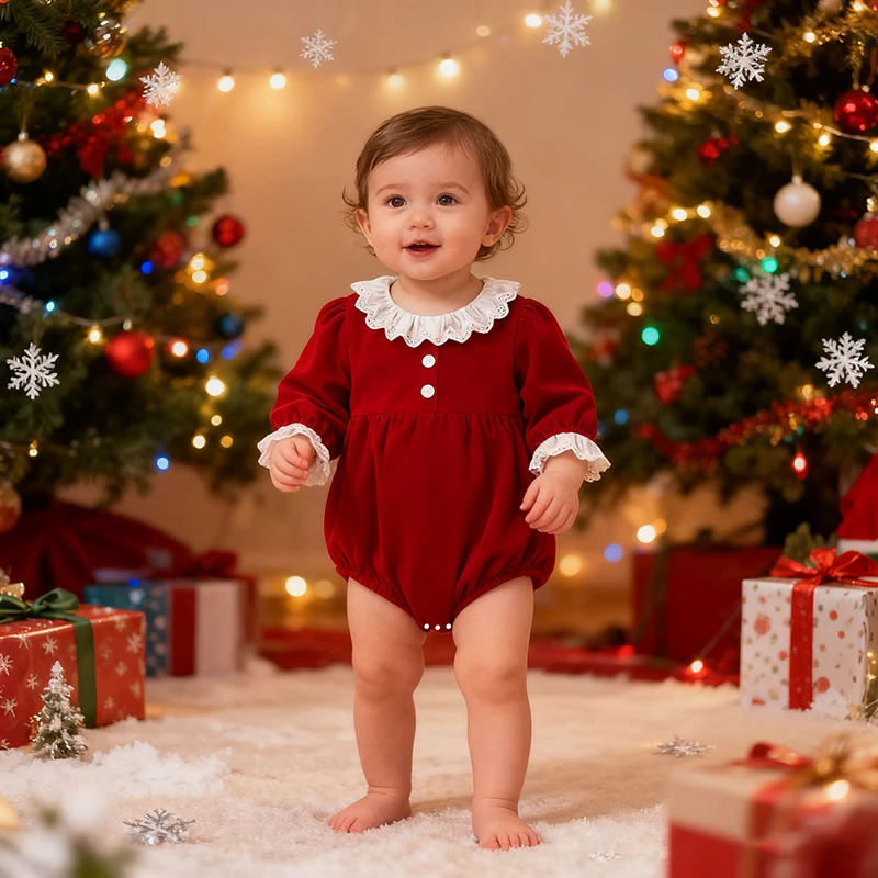 Weihnachten Kleinkind Baby Mädchen Rot Strampler 0-24M Spleißen Herbst Spitze Kragen Infant Baby Mädchen Lange Ärmel Overall baby Kleidung