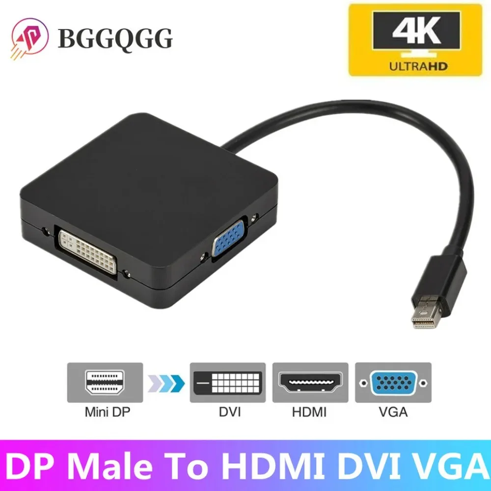 BGGQGG 3 in 1 Thunderbolt 4K Mini Display Port Dock Converter MINI DP Male To HDMI-compatible DVI VGA Female Adapter Converter