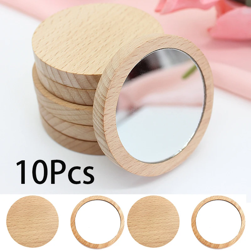 10 Stuks Mini Houten Make-Up Spiegel Draagbare Kleine Ronde Spiegel Student Make-Up Spiegel Vrouwen Cosmetische Spiegel