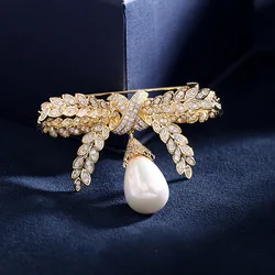 Gold Color Wheat Ear Pearl Zircon Bow Brooch Baroque Vintage Atmospheric Fashion Collar Pin Coat Corsage Pins Fashion Jewelry