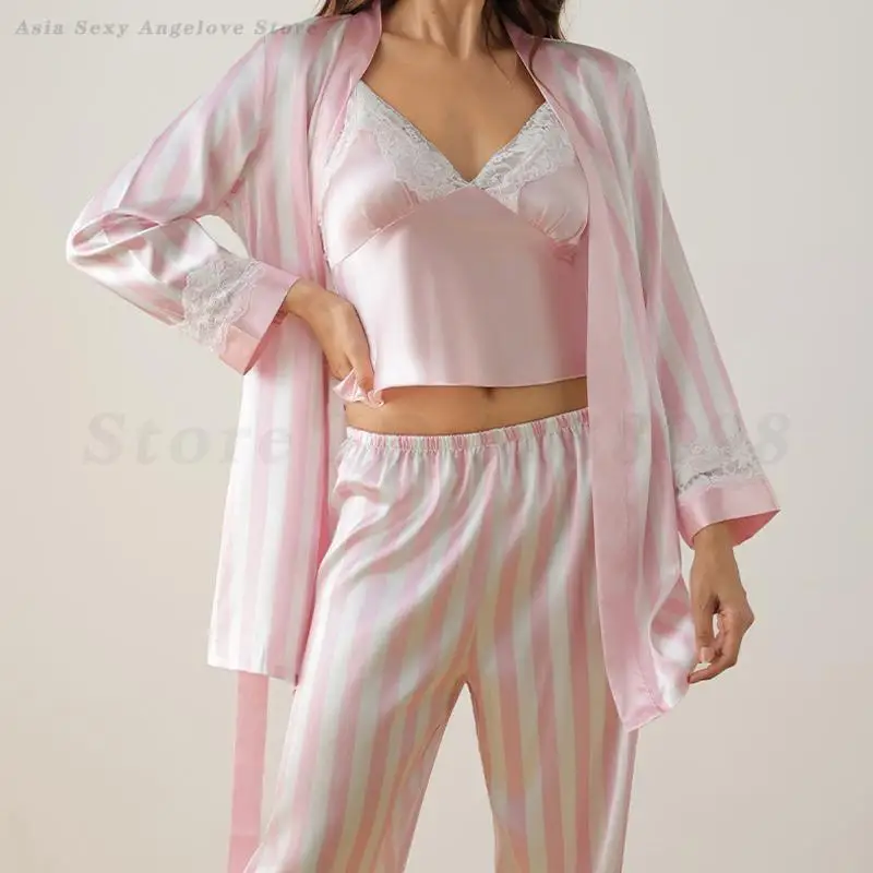 

Women's 3PCS Pajamas Set Sexy Lace Strap Top&Trouser&Cardigan Home Clothes Sleepwear Autumn Winter Satin Pyjamas Suit Loungewear