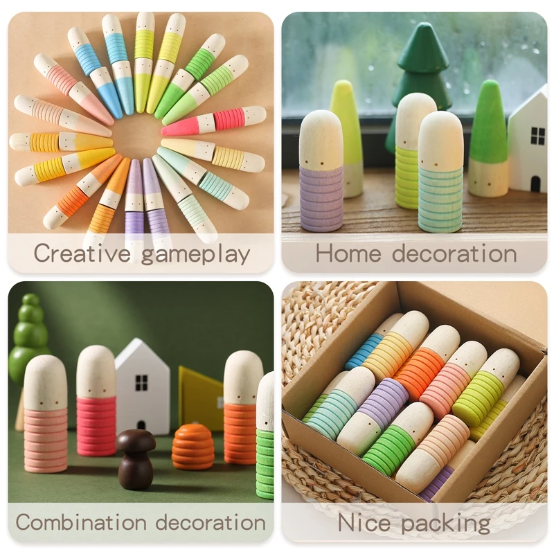 18 ชิ้นไม้ที่มีสีสัน Thumb รูปตุ๊กตาปริศนาของเล่นมินิตุ๊กตารอบชี้หัว Villain สําหรับเด็ก Montessori ของเล่นเด็กของขวัญ