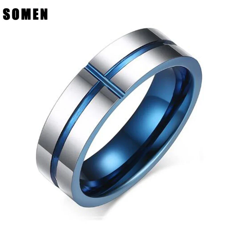 Somen New Arrival  6MM Blue Cross Concave Tank Men Tungsten Carbide Ring High Polish For Party Rings Jewelry anel masculino
