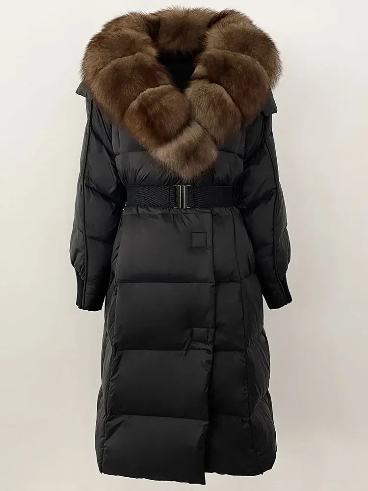 2025 المرأة الشتاء سترة طويلة الطبيعية ريال الراكون الثعلب الفراء طوق الأبيض بطة أسفل معطف حزام سميكة الدافئة ملابس خارجية غير رسمية