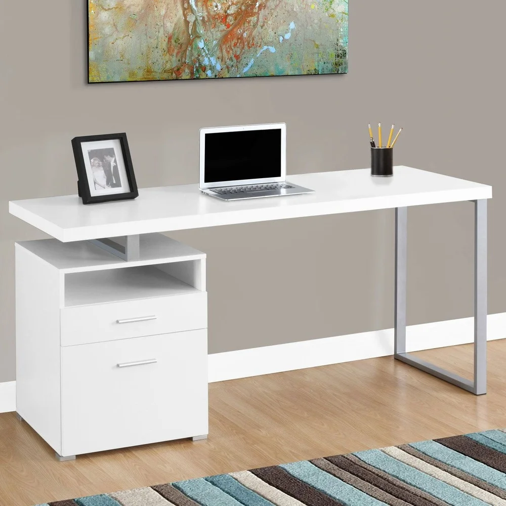Compact Computer Desk with Storage Drawers Home Office 60 Inch White Laminate Workstation Sturdy Metal Frame